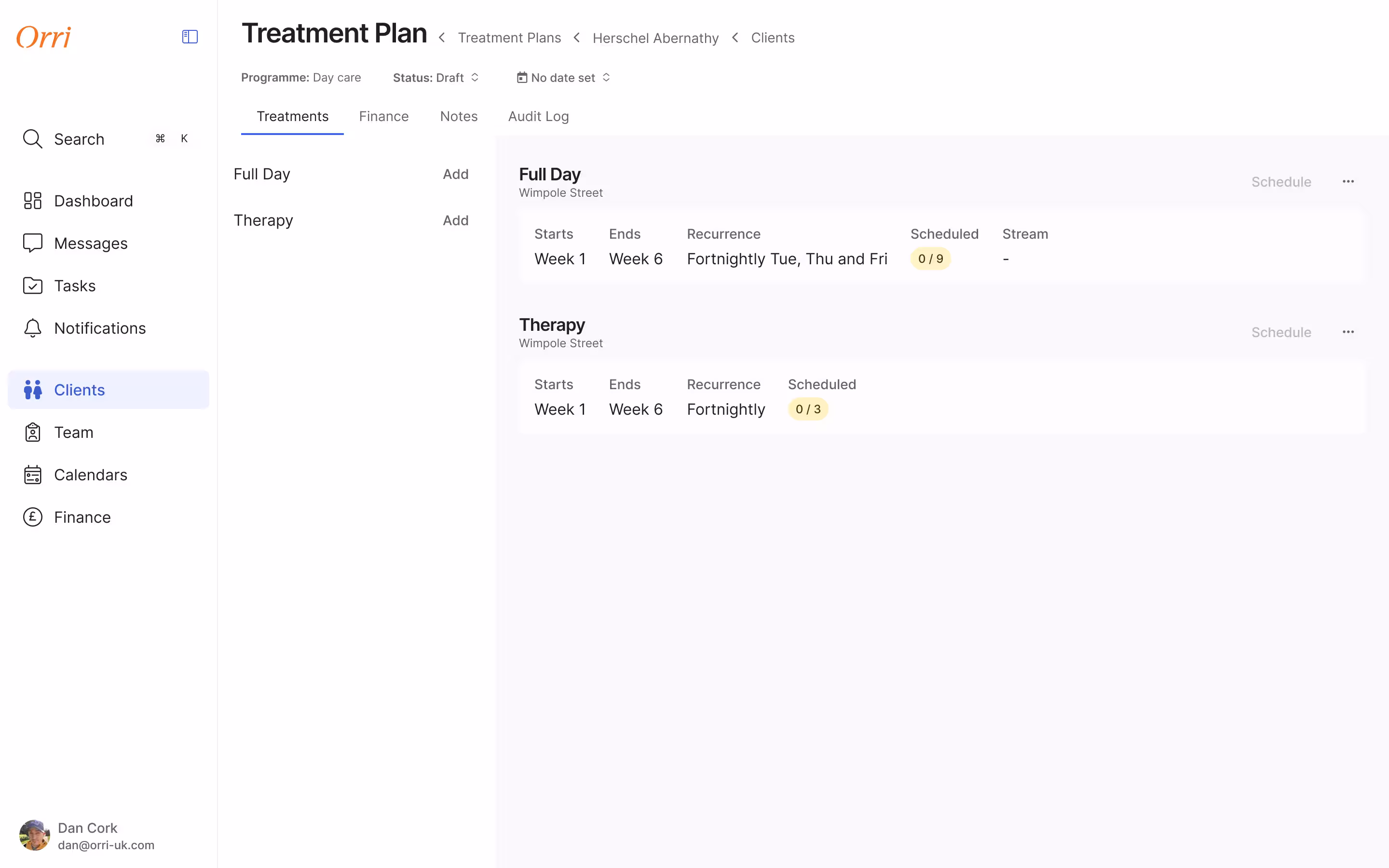 Treatment plan screen showing two items, Full Day and Therapy, each with start week, end week, recurrence pattern, a scheduled count of 0 of 9, and an empty stream column