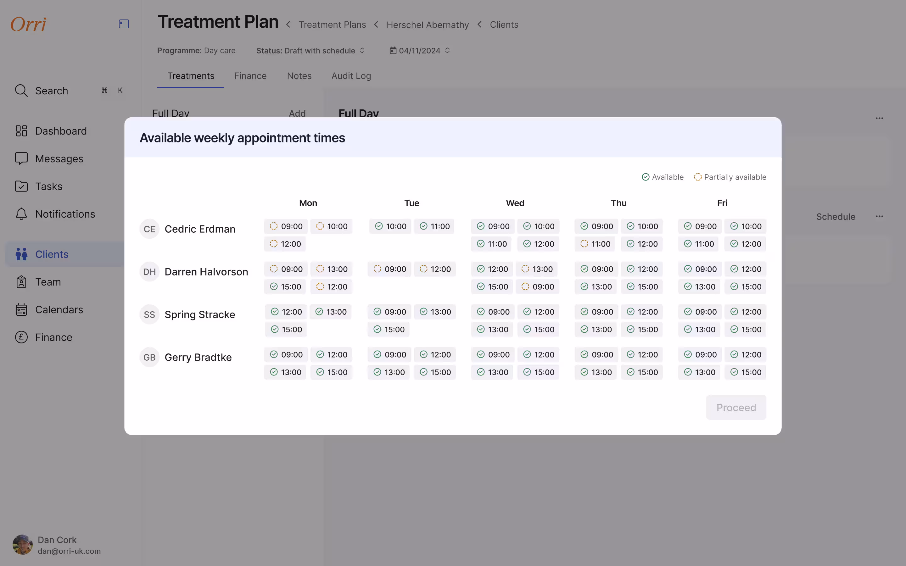Available weekly appointment times modal, with four clinicians listed down the left and Monday to Friday across the top, each cell holding time chips marked either available with a solid tick or partially available with a dashed outline