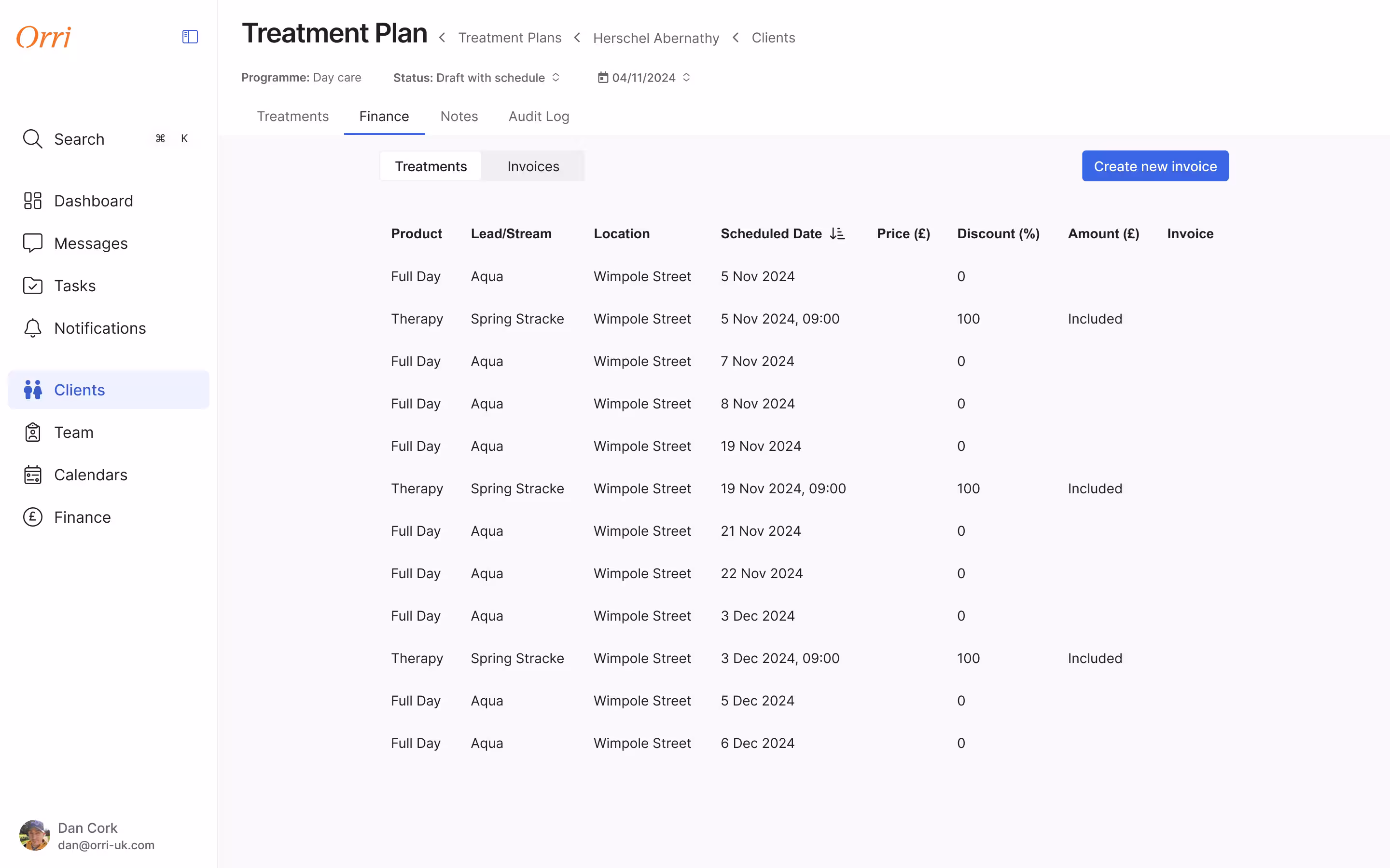 Finance tab showing a table of scheduled treatments with columns for product, lead or stream, location, scheduled date, price, discount, amount and invoice status