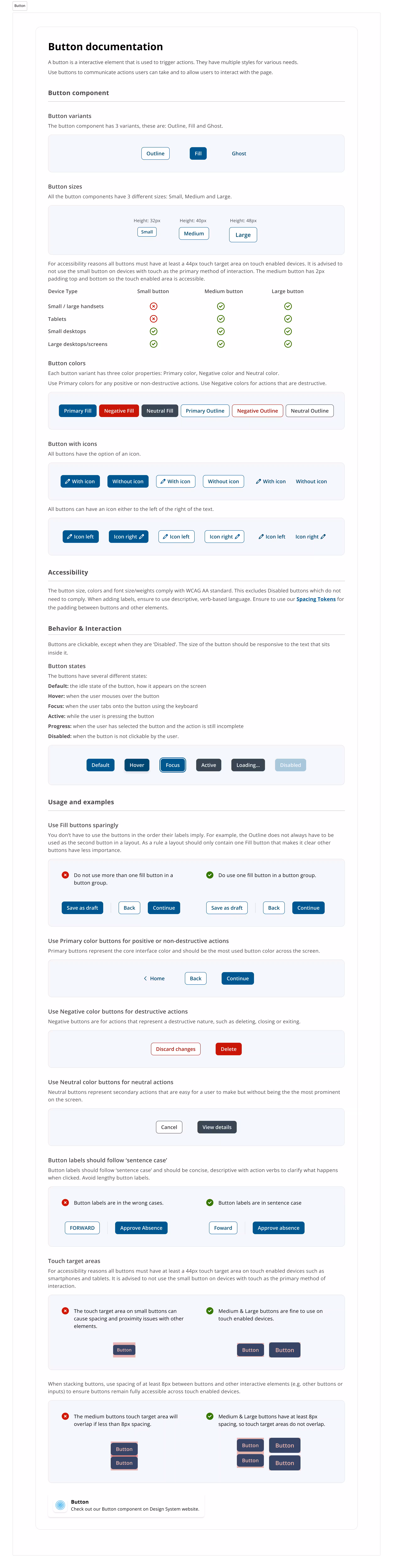 Button component variants in Figma showing primary, secondary, and ghost styles across sizes and states