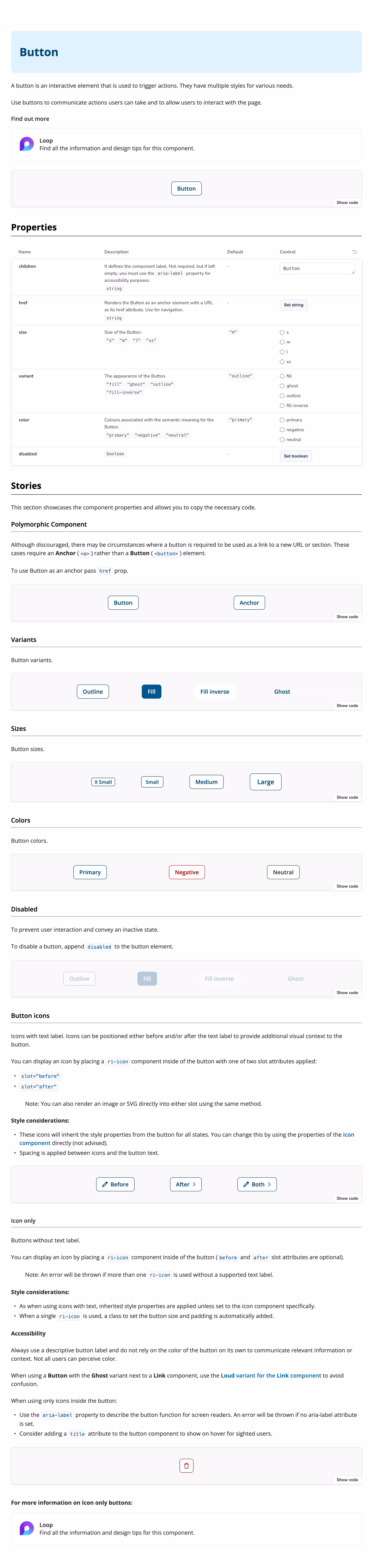 Button component in Storybook showing the same variants implemented in code with live interactive examples