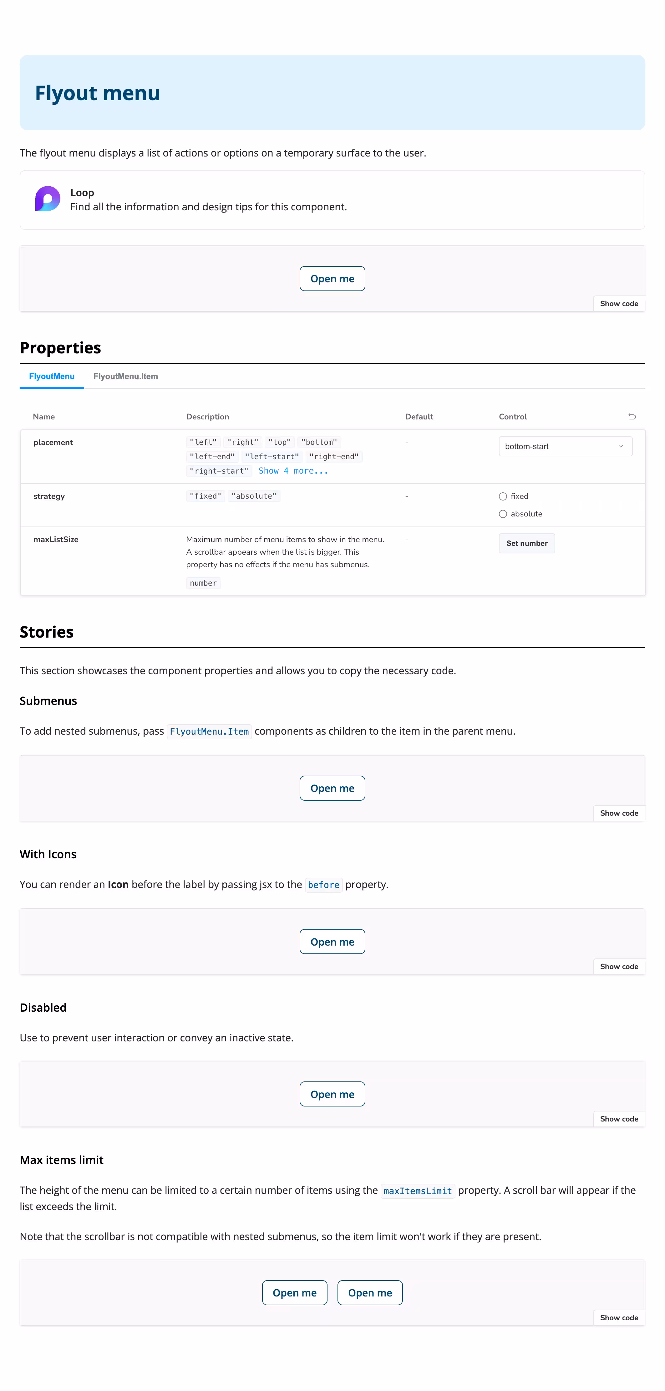 Flyout menu component in Storybook showing live interactive example with usage guidelines and properties table